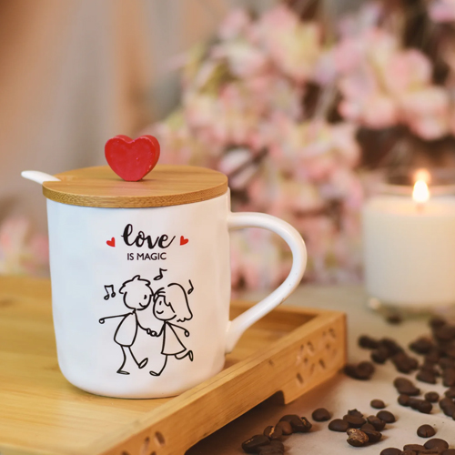 Love Quotes Ceramic Coffee Mug with Spoon And Wooden Lid