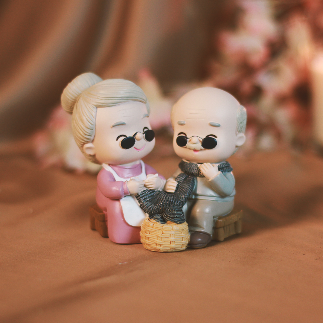 Cute Granny knitting muffler, Lovely couple figurine Gift for Old Couple