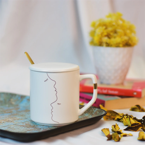 Minimal Art Ceramic Coffee Mug With Lid And Spoon
